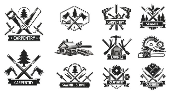 Carpentry and Woodworking Emblems: Tools, Sawmill, and Cabin Icons