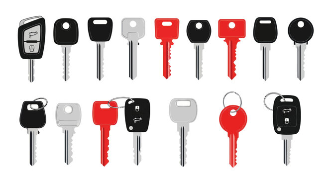 Collection of Car Keys and House Keys Isolated on White Background