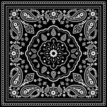 Vintage Black Paisley Bandana Pattern with Floral Ornament Design.