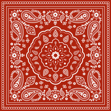 Vintage Red Paisley Bandana Pattern with Floral Ornament Design.