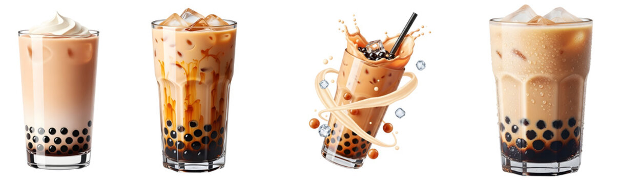 Four glasses of bubble tea on transparent background