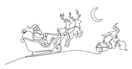 single line drawing of Santa Claus in sleigh pulled by reindeer  line art vector illustration © pew