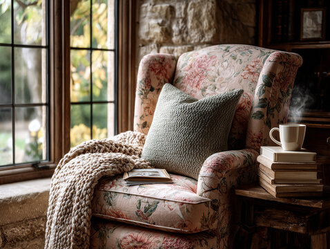 Cozy cottage reading nook with floral armchair and steaming mug of tea