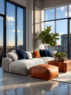 Modern sectional sofa with plush cushions and leather ottoman in a sunlit loft