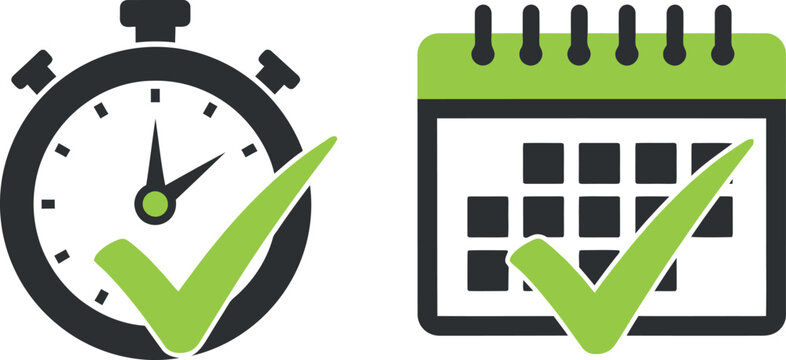 Stopwatch and calendar icons with checkmarks symbolize efficient project management and timely completion of scheduled professional tasks.