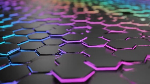 Futuristic close-up of dark black hexagonal tiles featuring glowing bright blue light lines between the geometric shapes, creating a high-tech abstract 3D textured background.