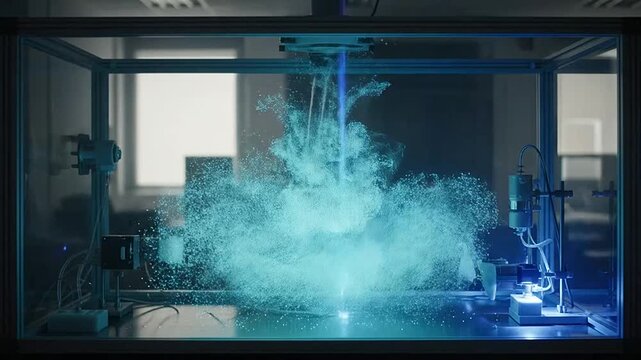 A glowing blue splash in a laboratory setting with various scientific equipment.
