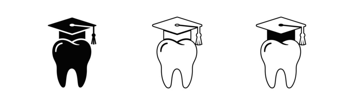 Dental graduation icons set tooth with graduation cap