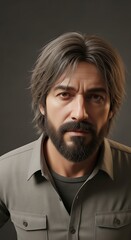 Obraz premium Portrait of a mature man with a beard and messy hair.
