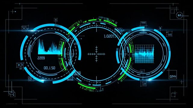 Neon blue and green futuristic interface with circular graphs and technical schematics.