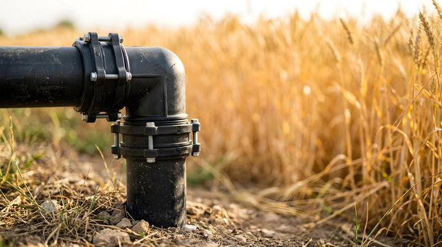 Irrigation pipe fitting with bolted flanges in a golden wheat field, industrial water supply system for agricultural farming.