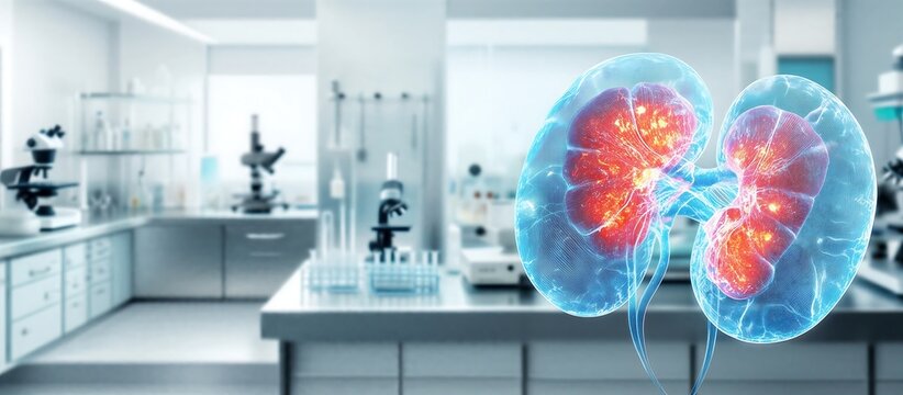 Detailed 3D medical illustration of human kidneys with internal vascular structure highlighted in glowing red tones
