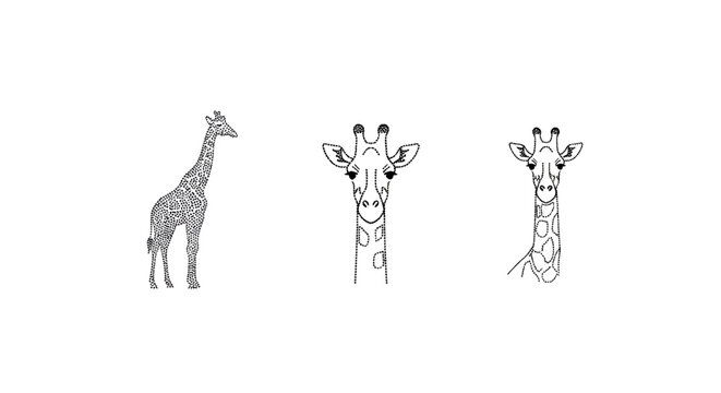 Three artistic giraffe illustrations with unique intricate patterns.