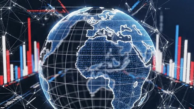 A futuristic illustration of Earth displays global data charts and graphs in space.