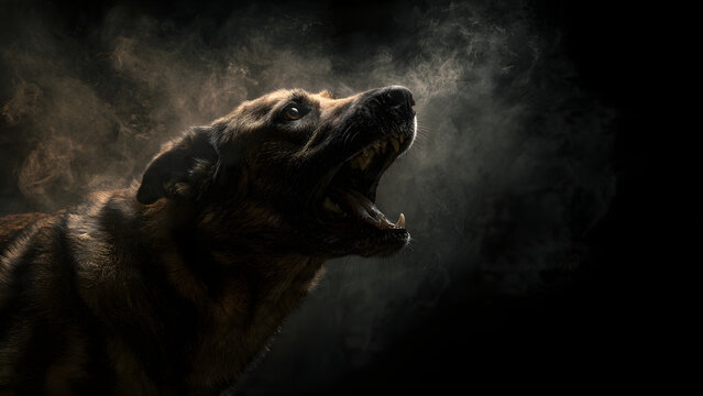 Intense German Shepherd Dog Captures the Moment of a Powerful Roar with Visible Breath in Dramatic Lighting