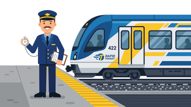 Cartoon train conductor at station platform.