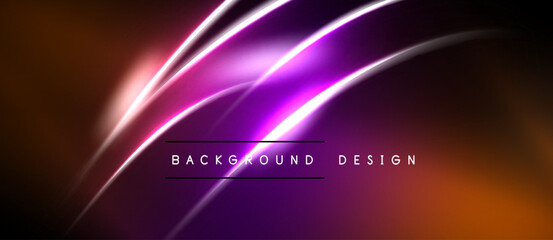 Naklejka premium Abstract design features vibrant purple, orange gradients. Smooth curves create dynamic visual effect. Dark background emphasizes luminosity.