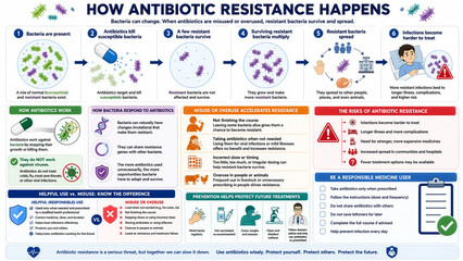 Naklejka premium Educational Infographic Explaining Antibiotic Resistance Process and Risks