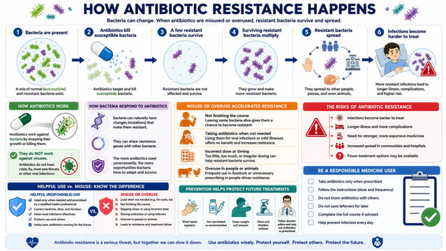 Educational Infographic Explaining Antibiotic Resistance Process and Risks