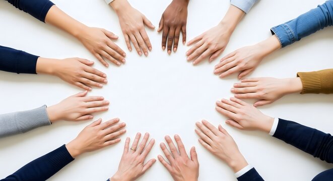 Diverse group of people joining hands in a circle to represent teamwork