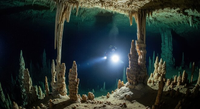 Silhouetted Diver Explores Illuminated Underwater Cave Formations