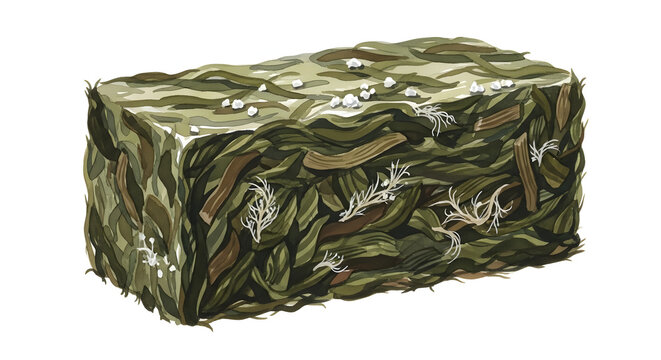 Rectangular block of compressed green kelp seaweed with visible salt mineral crystals and organic textures isolated on a white background, representing marine biomass and nutrients.