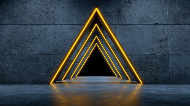 Multiple glowing triangular frames form a neon light portal in a dark industrial space
