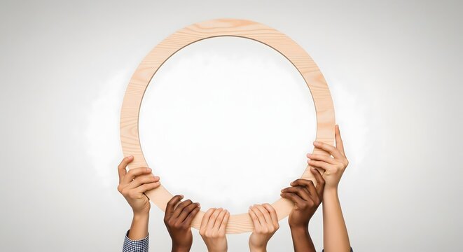 Diverse hands holding a round wooden frame together as a community team