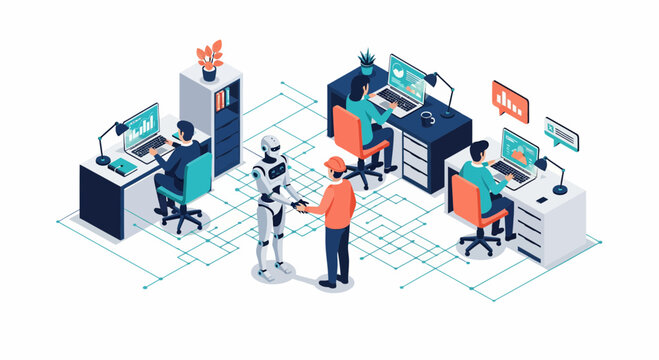 Flat isometric vector of people working in office and collaborating with robot for business innovation and digital transformation success