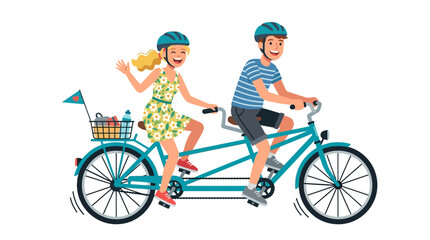 Obraz premium Happy Couple Riding Tandem Bicycle with Picnic Basket