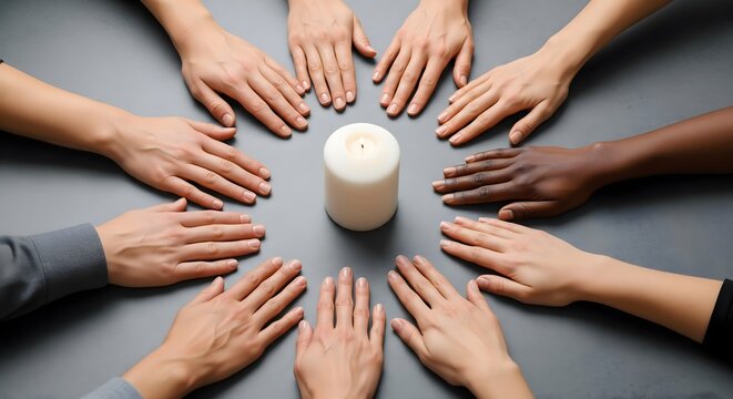 Diverse hands surrounding a glowing candle for unity and peace
