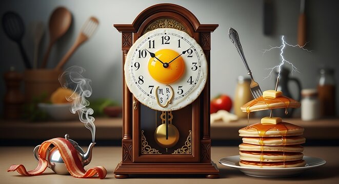 Breakfast clock surrealism concept with pancakes bacon and egg yolk