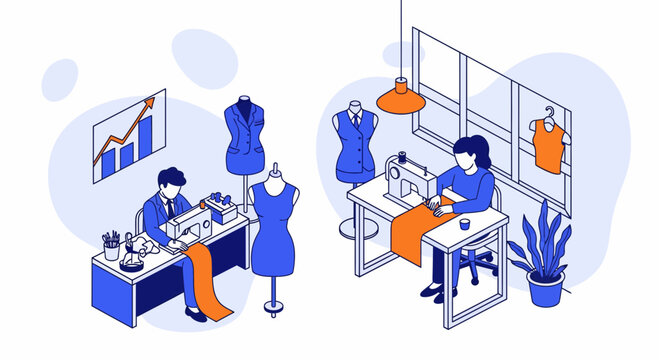 Professional male and female fashion designers working with sewing machines and mannequins in creative studio environment