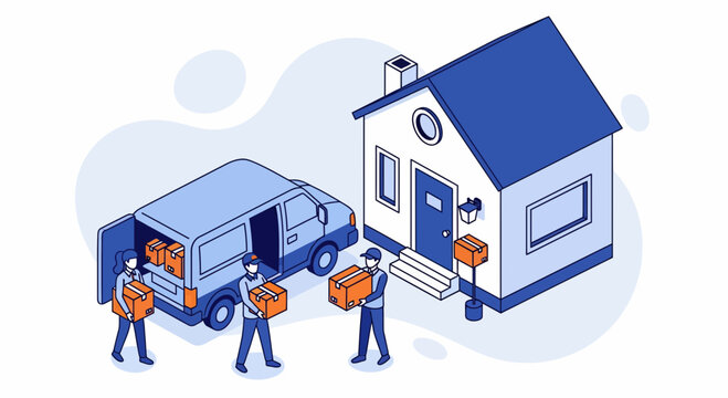 Three couriers deliver boxes from a van to a house for a fast logistics service