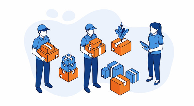 Logistics staff work with box for fast parcel delivery and order distribution management team service