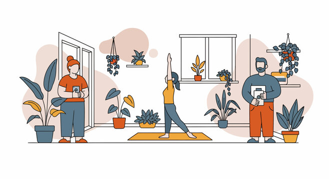 A girl is doing yoga at home with her dad and mom and all the plants