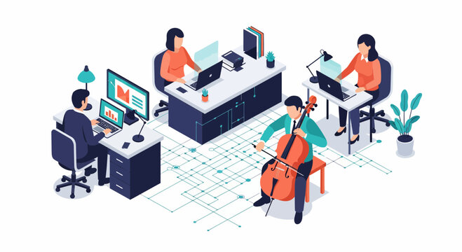 Workplace with people using laptops and a man playing cello in this flat isometric office layout design