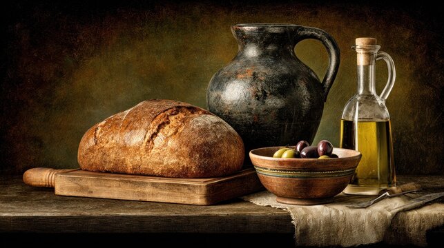 Rustic assemblage of bread, oil, olives, and antique pottery sits upon a wooden surface.