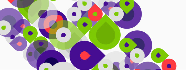 Fototapeta premium Abstract colorful circles overlap, creating dynamic pattern. Shapes vary sizes, huespurple, green, red, white. Modern design element.