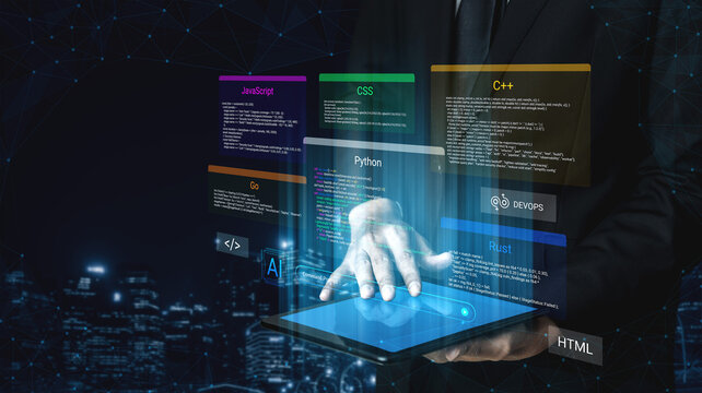 A businessman interacts with a tablet showcasing various programming languages, set against a futuristic backdrop filled with digital elements, symbolizing innovation in technology. Cyphers