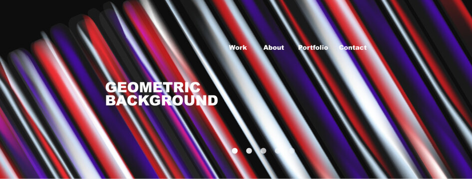 Abstract geometric lines create vibrant background. Text displays menu options work, about, portfolio, contact. Modern design elements present.