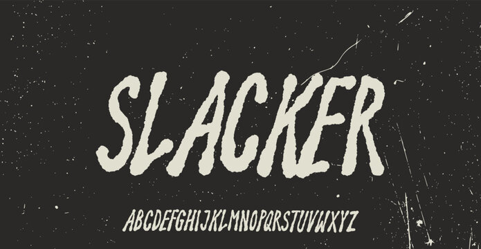 &ldquo;Slacker&rdquo; is a bold hand-drawn brush alphabet featuring rough edges, distressed texture, and expressive lettering style. This vintage-inspired typography set includes uppercase letters A&ndash;Z 