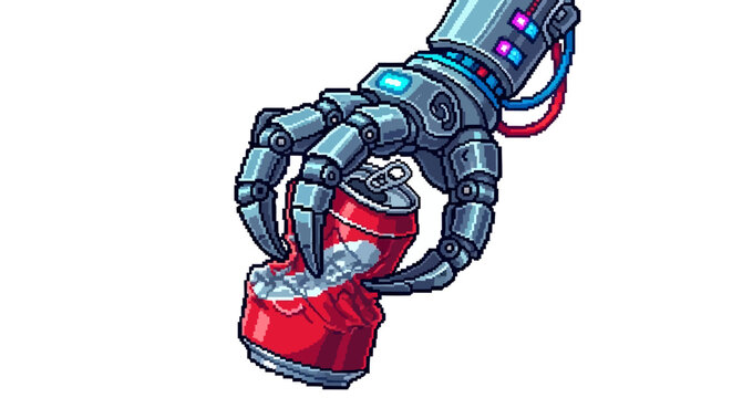 Robotic Arm Crushing Red Soda Can with Force.