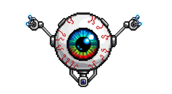 Robotic Eyeball Character with Colorful Iris and Metal Arms.