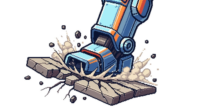 Robotic foot crushing stone pavement with force.