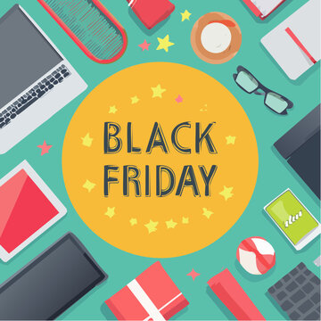 Black Friday Sale Event with Festive Stars and Confetti.

