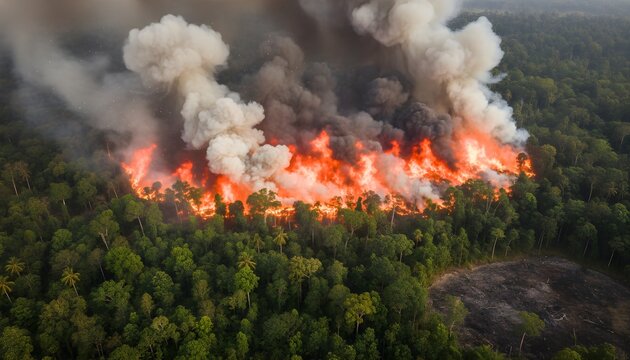 Aerial view of thick smoke and orange flames consuming a tropical forest in Kalimantan