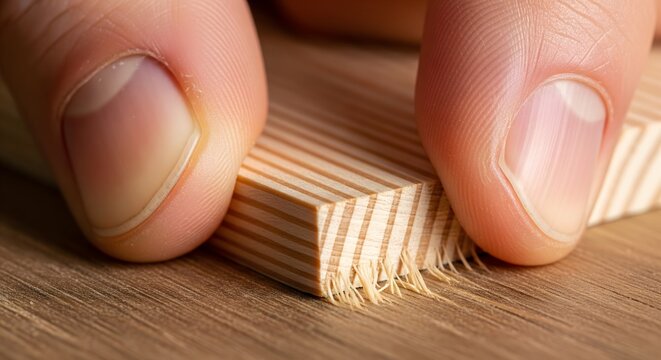 Extreme close up of human fingers checking raw wooden plank texture