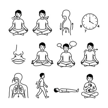 Breathing Techniques, 4-7-8 Exercise, and Mindfulness Meditation Vector Icon Set Outline
