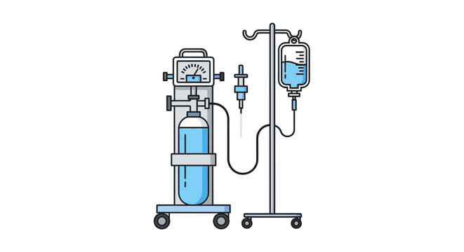 Medical IV infusion pump and saline solution bag on stand